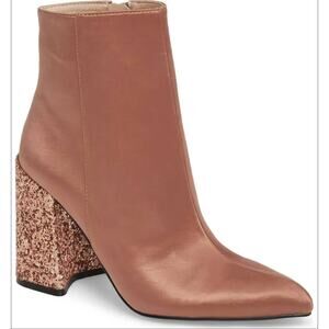 Shellys London Hugsy Satin Boots 8.5 NWT Tan Ankle Heel Glam Sequin Glitter